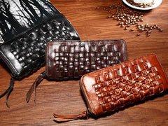 Vintage Braided Brown Leather Mens Long Wallet Zipper Clutch Wallet For Men