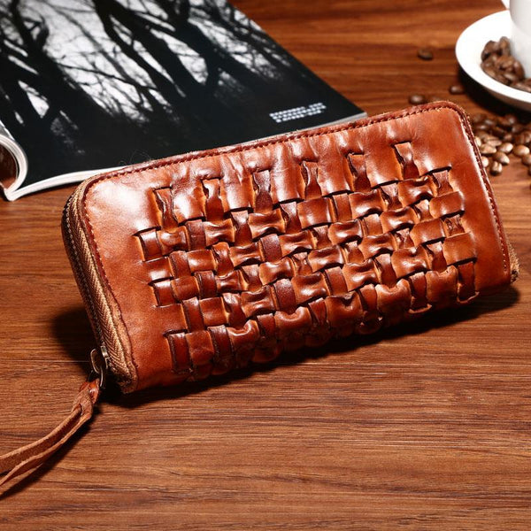 Vintage Braided Brown Leather Mens Long Wallet Zipper Clutch Wallet For Men