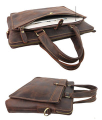 Vintage Dark Brown Mens Leather Briefcase Work Handbags Black 14'' Computer Briefcases For Men