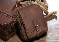Vintage Brown Leather Small Side Bag Brown Vertical Messenger Bag For Men