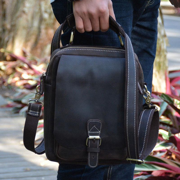 Vintage Brown Leather Small Side Bag Brown Vertical Messenger Bag For Men