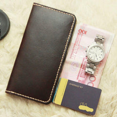Vintage Leather Coffee Bifold Mens Long Wallets Leather Long Wallets for Men - Front View