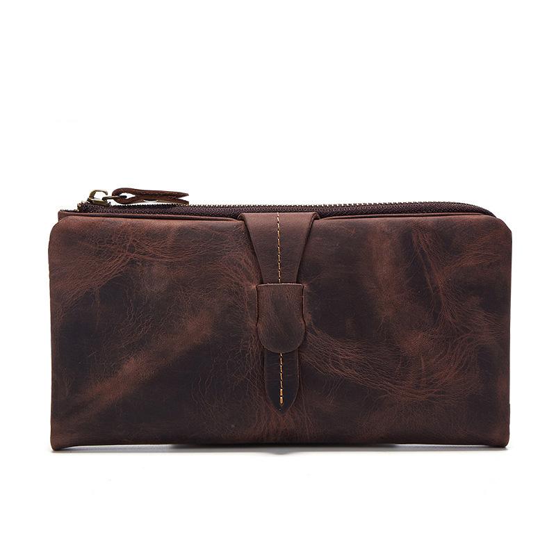 Vintage Leather Brown Mens Bifold Long Wallet Black Long Wallet for Men