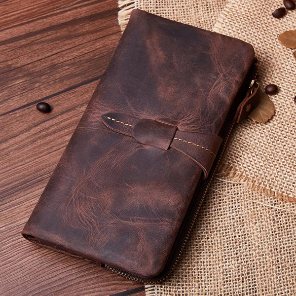 Vintage Leather Brown Mens Bifold Long Wallet Black Long Wallet for Men