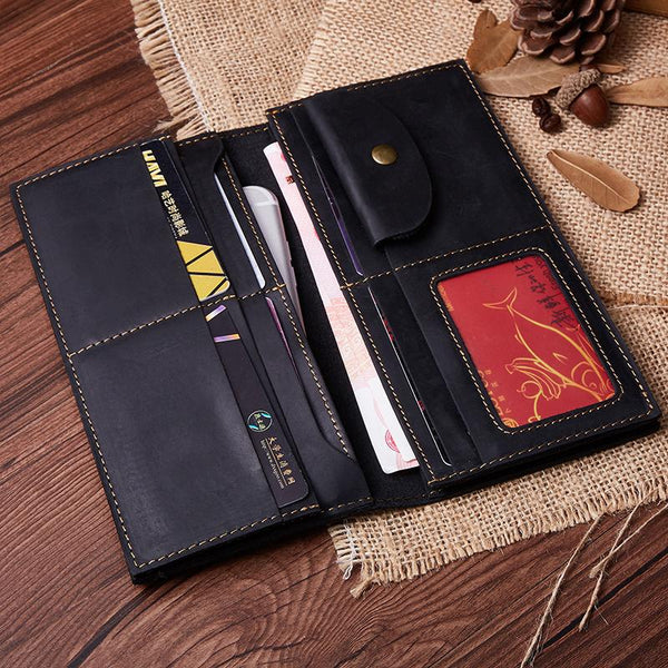 Vintage Mens Black Mens Leather Long Wallet Bifold Coffee Wallet for Men
