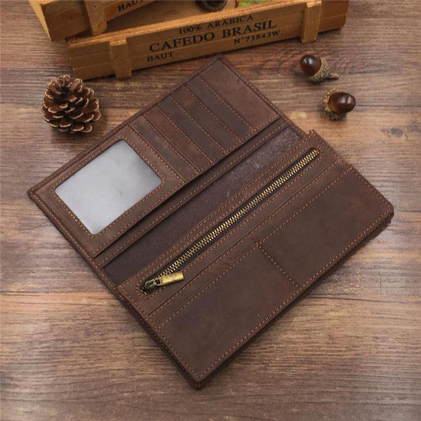 Vintage Leather Mens Brown Long Wallet Bifold Long Wallet for Men