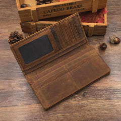 Vintage Leather Mens Brown Long Wallet Bifold Long Wallet for Men