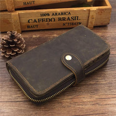 Vintage Men Brown Leather Long Wallet Cool Bifold Long Wallet for Men