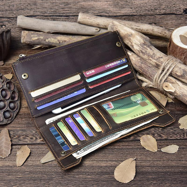 Vintage Coffee Bifold Mens Leather Long Wallet Cool Coffee Long Wallet for Men
