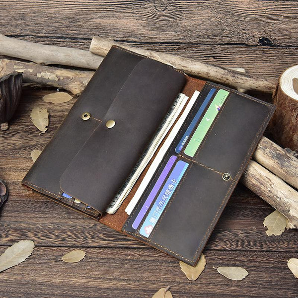 Vintage Brown Mens Bifold Leather Long Wallet Bifold Long Wallet for Men