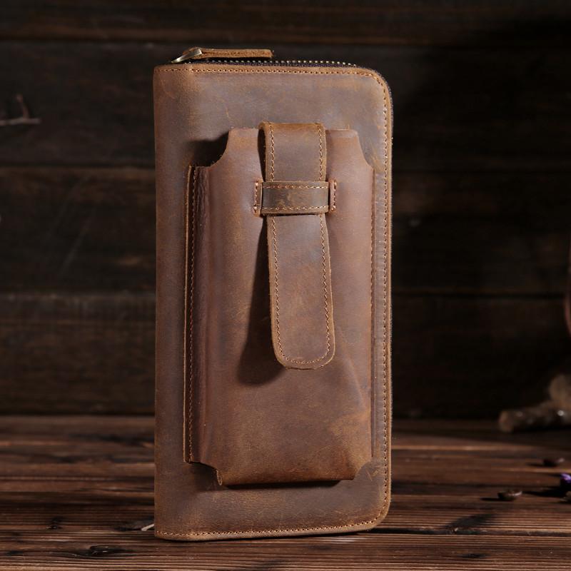 Vintage Brown Mens Leather Long Wallet Bifold Zipper Long Wallet for Men