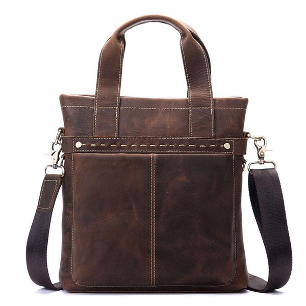 Vintage Leather Mens Vertical Handbag Small Briefcase Shoulder Bag Work Bag For Men