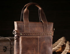 Vintage Leather Mens Vertical Handbag Small Briefcase Shoulder Bag Work Bag For Men