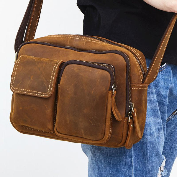 Cool Brown Leather Mens Small Messenger Bags Shoulder Bag Small CrossBody Bags For Men