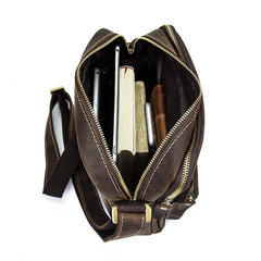 Vintage Brown Leather Mens Small Messenger Bags Vertical Side Bag For Men