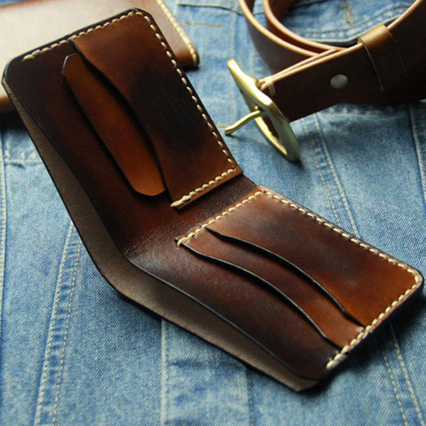 Vintage Leather Mens Bifold Small Wallet Leather Small Wallets for Men