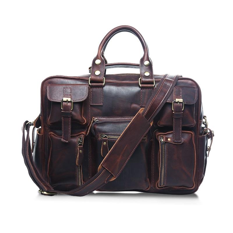 Vintage Leather Mens Large Professional Briefcase Brown Handbag Weekender Bag Travel Bag
