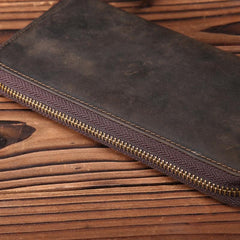 Vintage Brown Leather Mens Long Wallet Zipper Clutch Long Wallet For Men