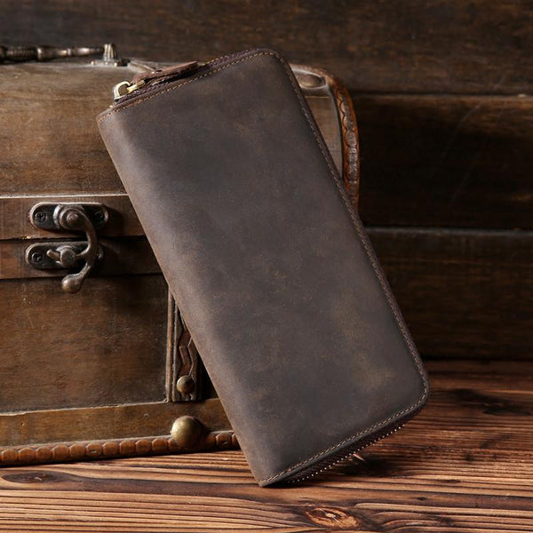 Vintage Brown Leather Mens Long Wallet Zipper Clutch Long Wallet For Men