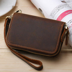 Vintage Leather Mens Small Key Wallet Brown Zipper Car Key Wallet for Men