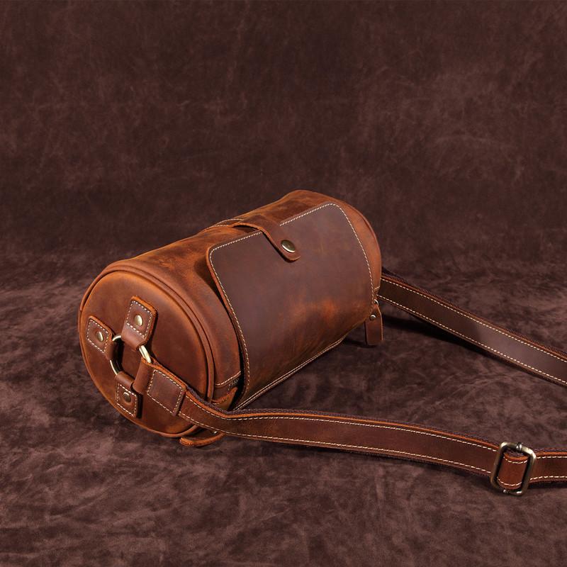 Vintage Brown Leather Barrel Messenger Bag Bucket Side Bag Shoulder Bag For Men