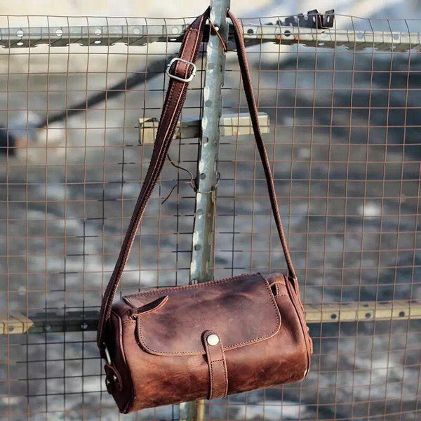 Vintage Brown Leather Barrel Messenger Bag Bucket Side Bag Shoulder Bag For Men