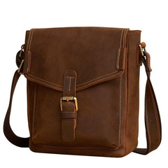 Vintage Leather Brown Small Side Bag Vertical Messenger Bag Shoulder Bag For Men