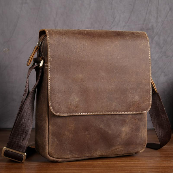 Cool Brown Leather Mens Small Vertical Messenger Bag Vintage Shoulder Bags For Men