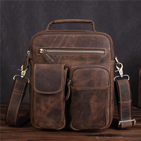 Vintage Brown Mens Leather Small Messenger Bag Vertical Side Bag For Men