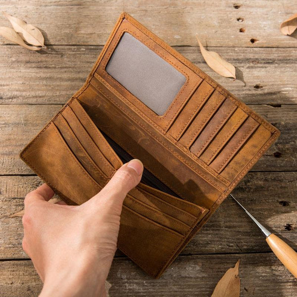 Vintage Slim Cool Mens long Wallet Leather Wallet Bifold Long Wallets for Men