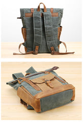 Waxed Canvas Leather Mens 17‘’ Lake Green Backpack Khaki Travel Backpack Dark Gray Hiking Backpack for Men