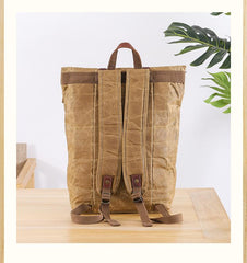 Waxed Canvas Leather Mens 15‘’ Green Waterproof Backpack Khaki Travel Backpack Hiking Backpack for Men