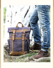 Waxed Canvas Leather Mens 15‘’ Gray College Backpack Travel Backpack Hiking Backpack for Men