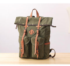 Waxed Canvas Leather Mens Dark Gray Waterproof 15‘’ Large Backpack Travel Backpack Green Hiking Backpack for Men