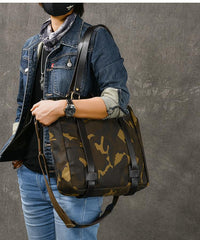 Waxed Canvas Leather Mens Womens 14'' Camouflage Tote Bag Handbag Tote Bag Shoulder Bag Tote Purse For Men