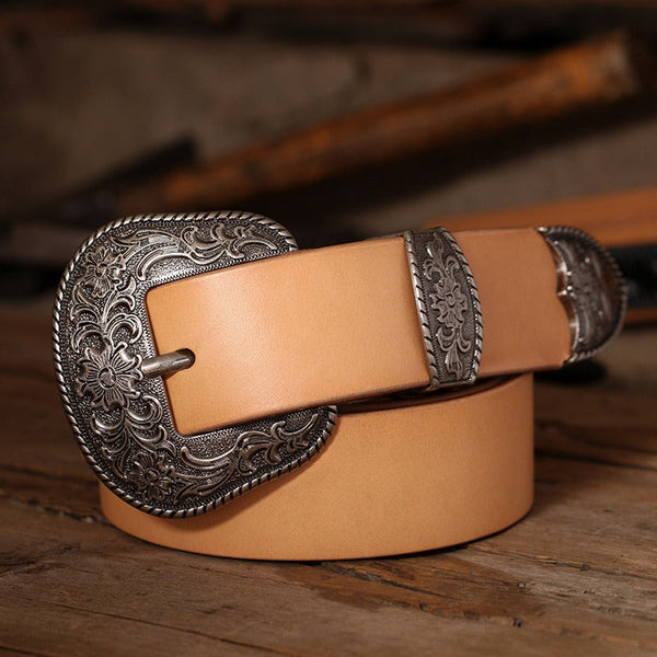 Handmade Beige Western Leather Belt Minimalist Mens Silver Beige Leather Belts for Men