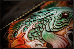 Handmade Leather Tooled Carp Mens Chain Biker Wallest Cool Leather Wallets Long CHain Wallets for Men