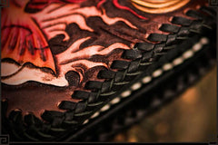 Handmade Leather Tooled Carp Mens Chain Biker Wallets Cool Leather Wallet Long Biker Wallets for Men